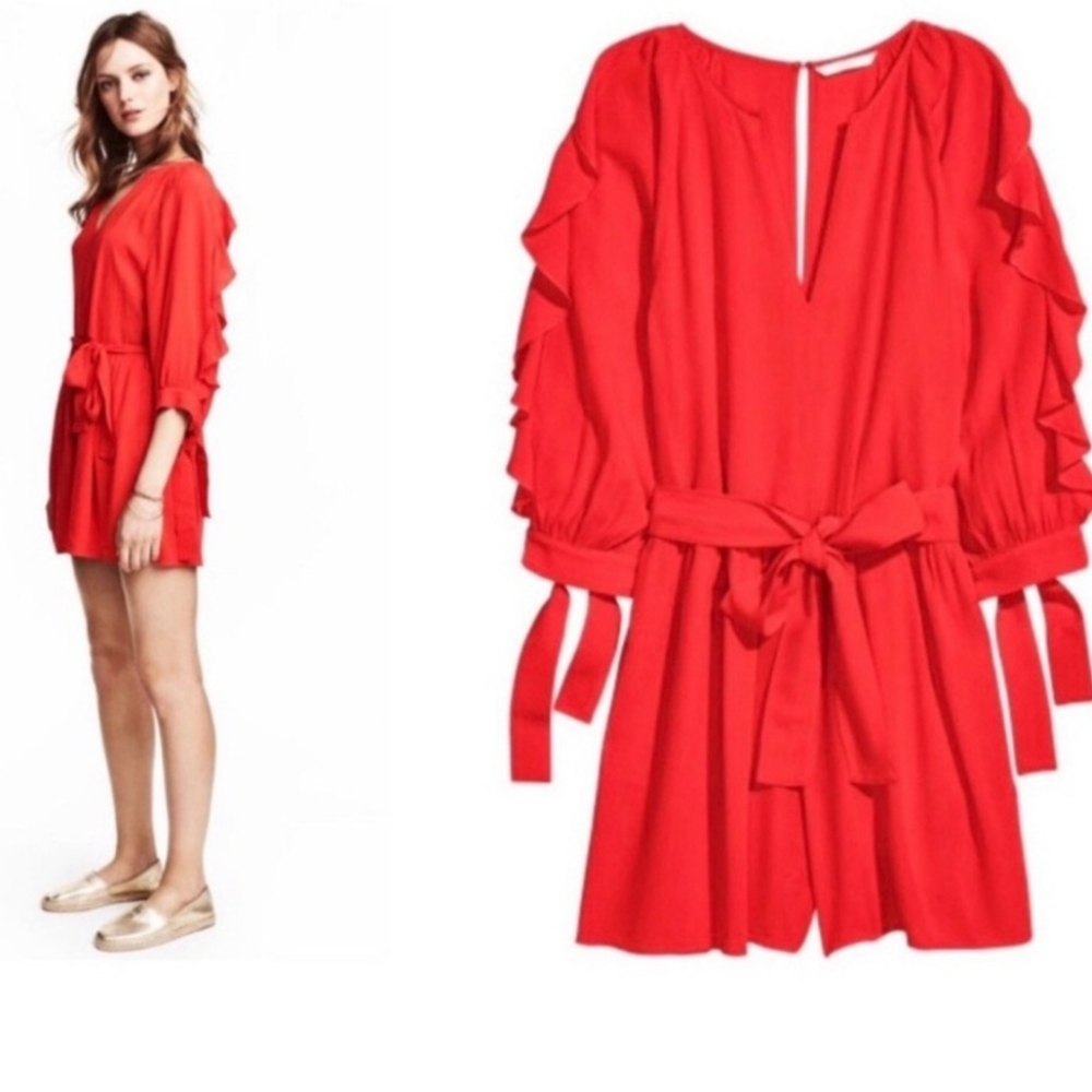 H&M Red Ruffle Sleeve Romper - Size 8  NWT